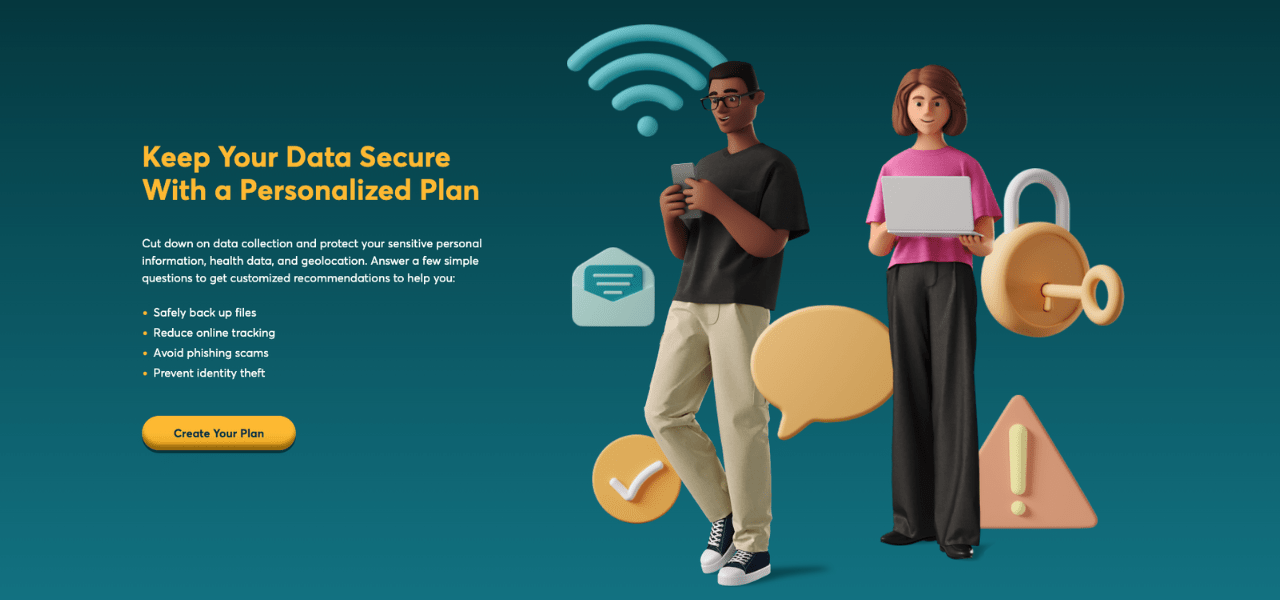 A sample screen of the Security Planner website showing ways to keep your data secure with a personal plan.