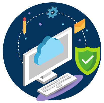 Icon showing information security. A computer surrounded by a shield, an envelope, a gear and a pencil.