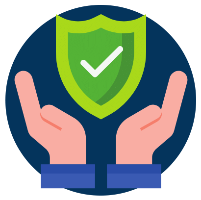 Icon showing information security: two hands cradling a green shield with a white checkmark.