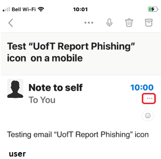 Screenshot showing the location of the menu button that allows you to access the U of T Report Phishing function.